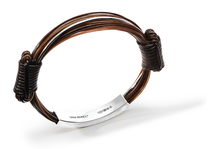 Een luxe, High End 950 Platina heren- of dames-armband, handgemaakt met exclusief bruin Olifantenhaar en schuifknopen - Large